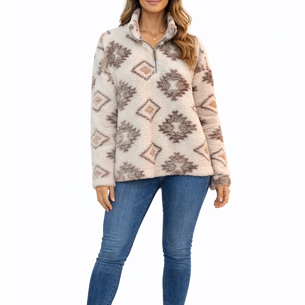 Nordstrom Size Large Bohemian Aztec Fleece Teddy Bear 1/4 Pullover Sweatshirt